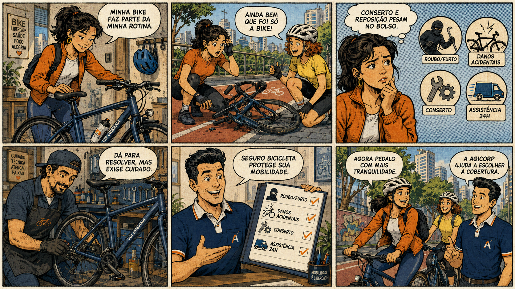 Quadrinho explicativo sobre Seguro Bicicleta