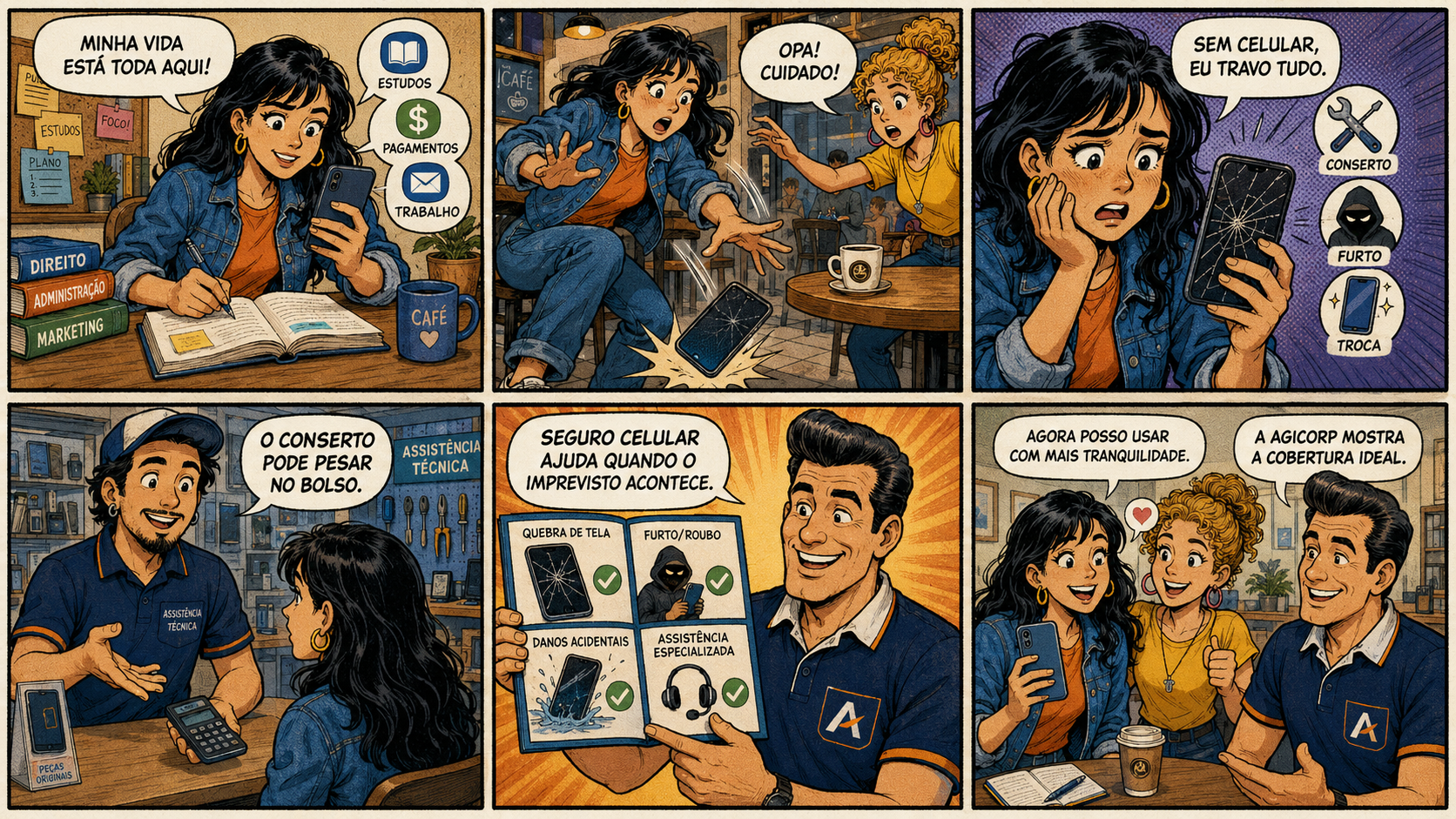 Quadrinho explicativo sobre Seguro Celular