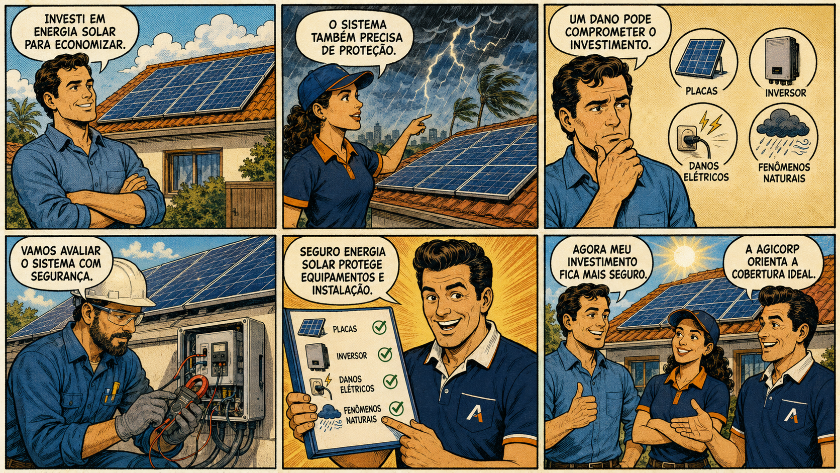Quadrinho explicativo sobre Seguro para Energia Solar