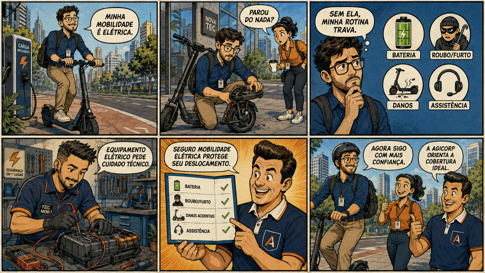 Quadrinho explicativo sobre Seguro para Mobilidade Elétrica