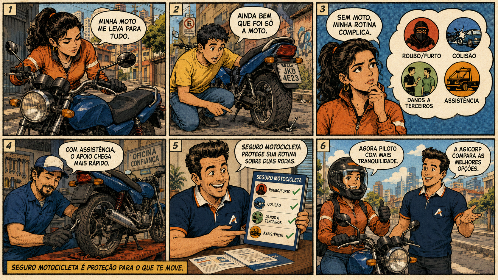 Quadrinho explicativo sobre Seguro Motocicleta