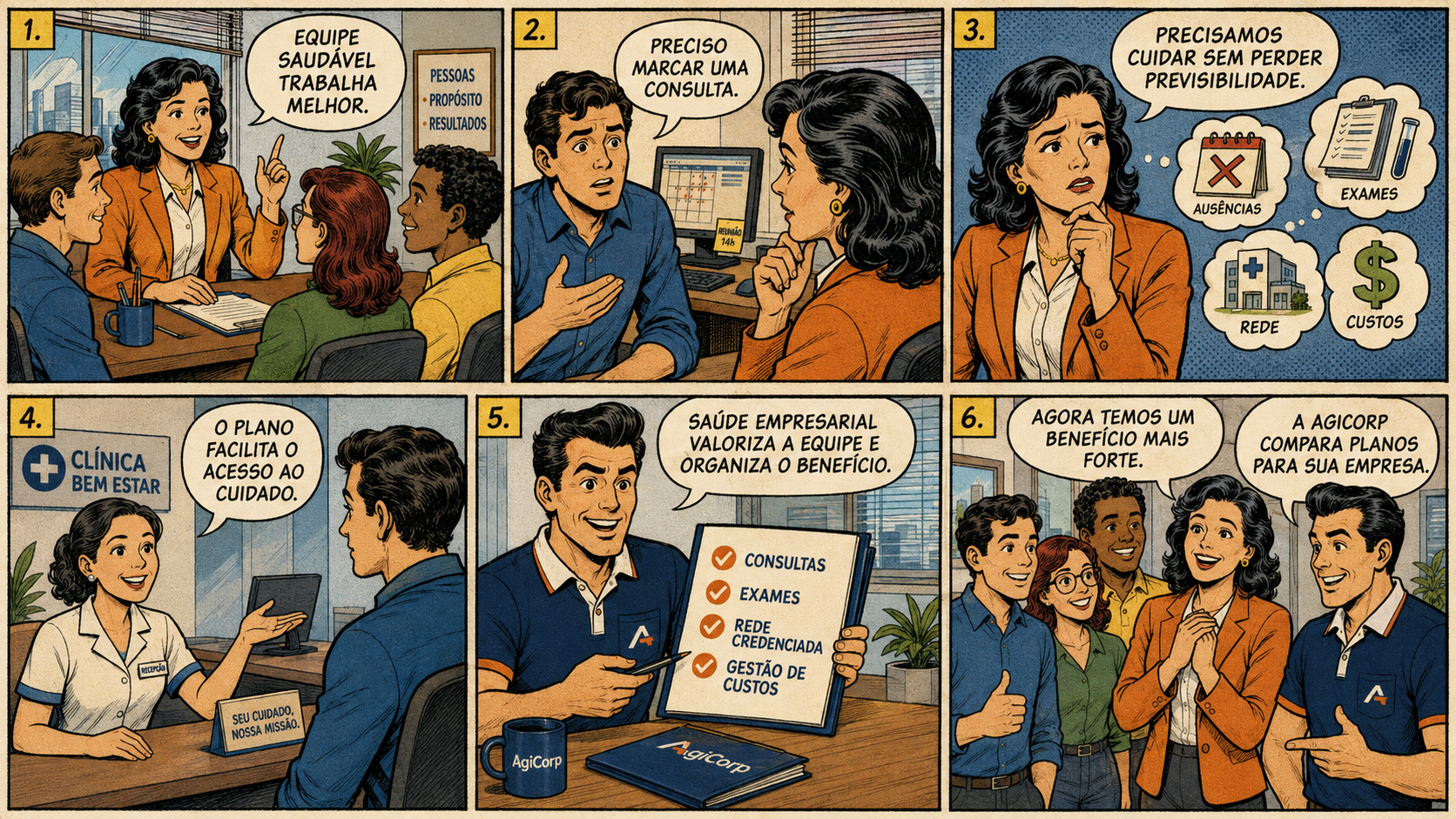 Quadrinho explicativo sobre Seguro Saúde Empresarial