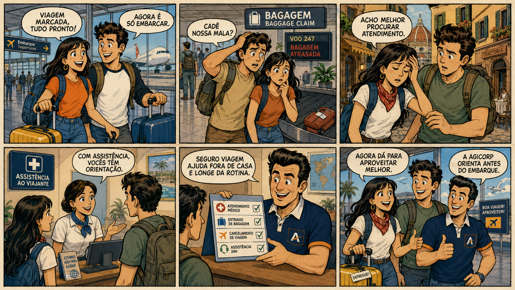 Quadrinho explicativo sobre Seguro Viagem